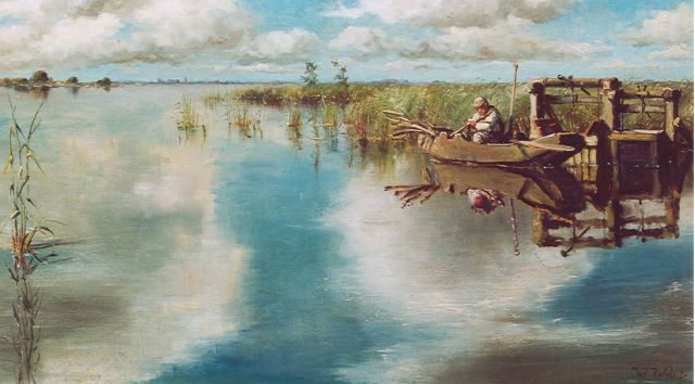 Willem Elisa Roelofs jr. | Angler im Ruderboot bei Fischerbehältern, Öl auf Leinwand, 40,4 x 70,2 cm, Unterzeichnet r.u.