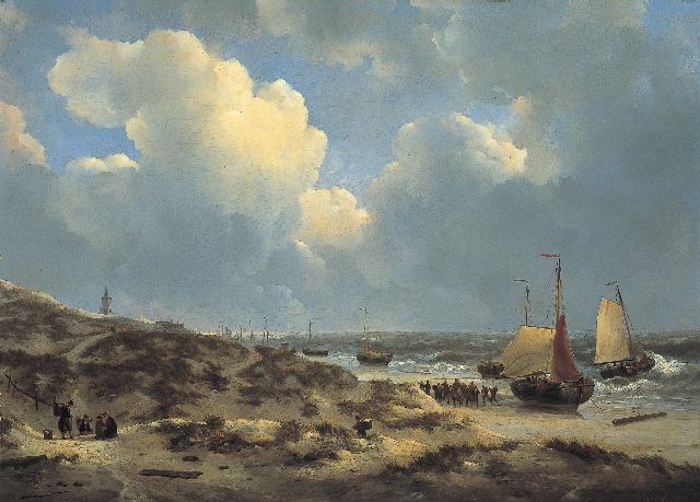 Johannes Christianus Schotel | Unloading the catch on the beach of Scheveningen, Öl auf Holz, 65,1 x 90,7 cm, signed l.l.