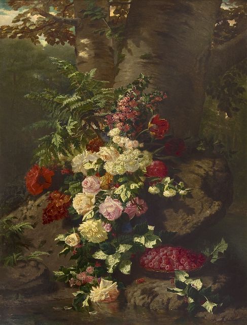 Jean-Baptiste Robie | Blumenstilleben mit Rosen, blühenden Zweigen und Himbeeren, Öl auf Leinwand, 137,7 x 106,0 cm, Unterzeichnet l.u. und datiert 'Bruxelles' 1864