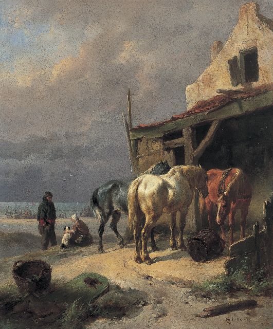 Wouterus Verschuur | Draught horses at rest by the beach, Öl auf Holz, 27,1 x 22,5 cm, signed l.r.