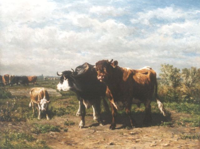 Jan de Haas | Cows in a meadow, Öl auf Holz, 70,2 x 92,2 cm, signed l.r. und dated  'Bruxelles Juillet 1872' on the reverse