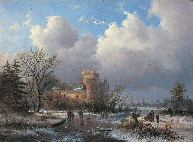 Alexander Joseph Daiwaille | A winter landscape with a castle in the distance, Öl auf Tafel, 26,2 x 35,3 cm