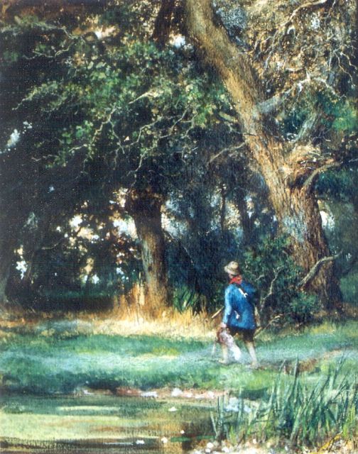 Louis Apol | A hunter in a wooded landscape, Aquarell auf Papier, 39,0 x 31,0 cm, signed l.r. und zu datieren ca. 1865