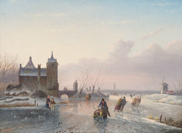Jacob Jan Coenraad Spohler | Skaters on a frozen waterway, Öl auf Leinwand, 25,6 x 34,7 cm, signed l.l. und dated '57
