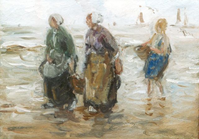 Jan Zoetelief Tromp | Fisherwomen in the surf, Öl auf Leinwand, 25,0 x 35,5 cm