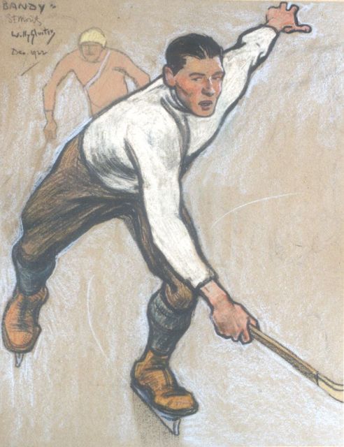Willy Sluiter | Bandy players, St. Moritz, Farbkreide auf Papier, 40,7 x 32,4 cm, signed u.l. und dated St. Moritz Dec. 1922