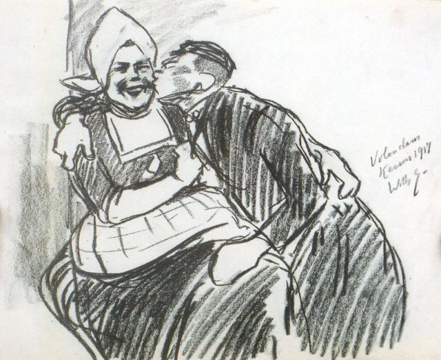 Willy Sluiter | First kiss, Volendam, Schwarze Kreide auf Papier, 26,3 x 33,0 cm, signed m.r. und dated 1917