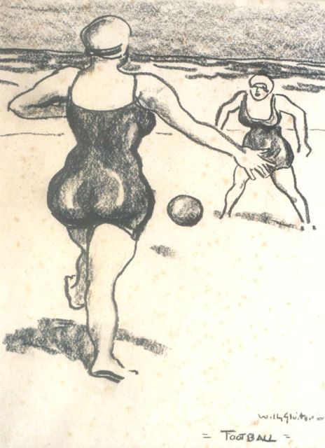 Willy Sluiter | Playing soccer, Schwarze Kreide auf Papier, 30,5 x 22,5 cm, signed l.r.