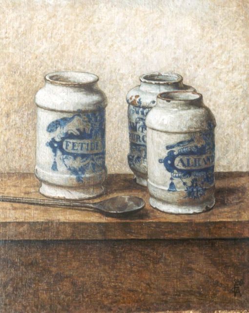 Carl Albert Feldmann | Pharmacist's jars, Öl auf Leinwand auf Holz, 33,2 x 28,5 cm, signed l.r. with monogram und dated 1946