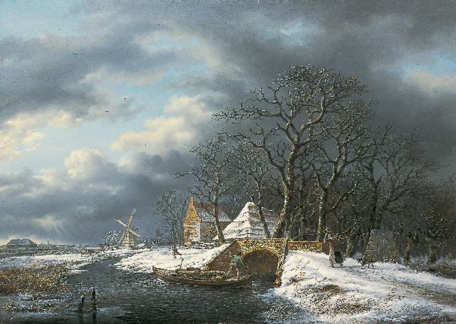 Andreas Schelfhout | Winterlandschaft mit Holzsammlerin und Bauern in einem Kahn, Öl auf Tafel, 51,0 x 73,0 cm, Unterzeichnet r.v.d.M. und datiert um 1815