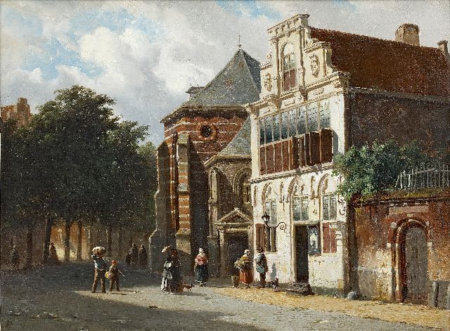 Adrianus Eversen | Sommeransicht auf die Petruskerk und 'Stedehuys' in Woerden, Öl auf Holz, 27,6 x 37,4 cm, Unterzeichnet l.u. mit Monogramm