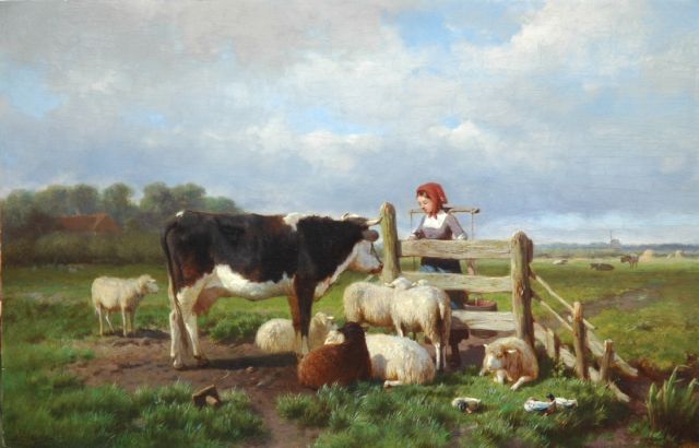 Anton Mauve | A milkmaid and cattle by a fence, Öl auf Holz, 31,7 x 50,0 cm, signed l.l.