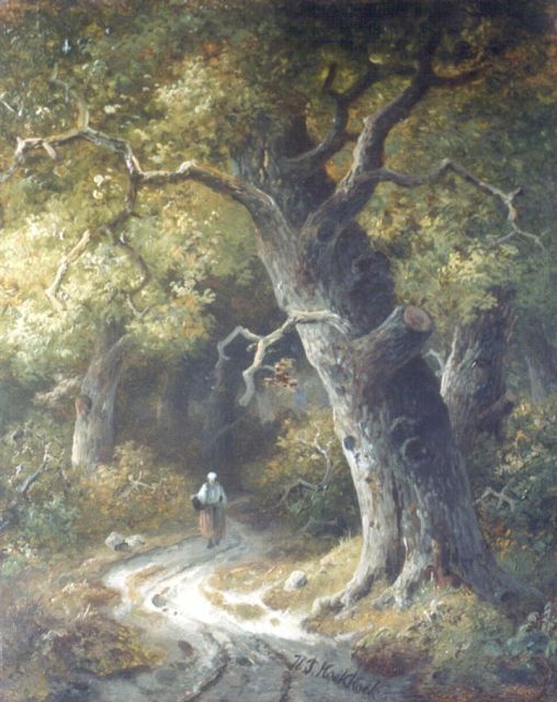 Koekkoek P.H.  | Bäuerin auf einem Waldweg, Öl auf Holz 25,5 x 20,7 cm, signed l.c.