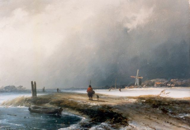 John Franciscus Hoppenbrouwers | A traveller in a snow-covered landscape, Öl auf Holz, 19,2 x 26,4 cm, signed l.l. und dated '50
