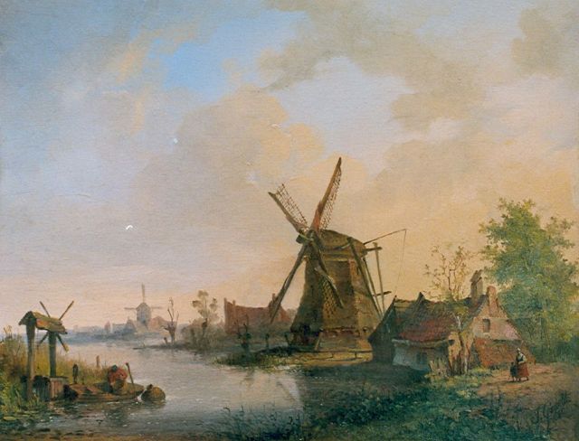 Jan David Geerling | Windmills along a waterway, Öl auf Holz, 20,4 x 26,2 cm, signed l.r. und dated 1840