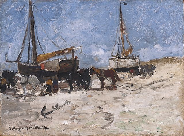 Munthe G.A.L.  | Horses and 'bomschuiten' on the beach, Öl auf Leinwand auf Holz 40,2 x 54,1 cm, signed l.l.