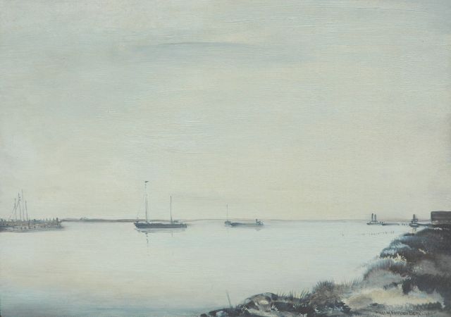 Berg W.H. van den | Sailing ships on a river, Öl auf Holzfaser 30,7 x 42,6 cm, Unterzeichnet l.r. und datiert 1939