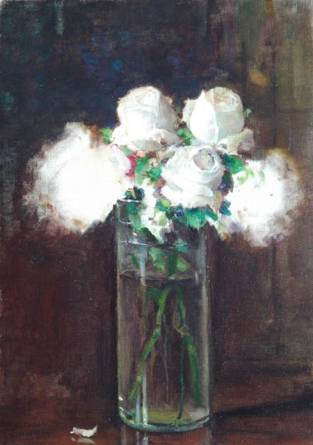 Jules Alexis Muenier | White roses in a glass vase, Öl auf Leinwand, 46,2 x 33,2 cm, signed l.l.