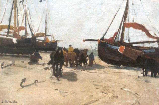 Munthe G.A.L.  | 'Bomschuiten' on the beach, Öl auf Leinwand auf Holz 37,8 x 53,4 cm, signed l.l.
