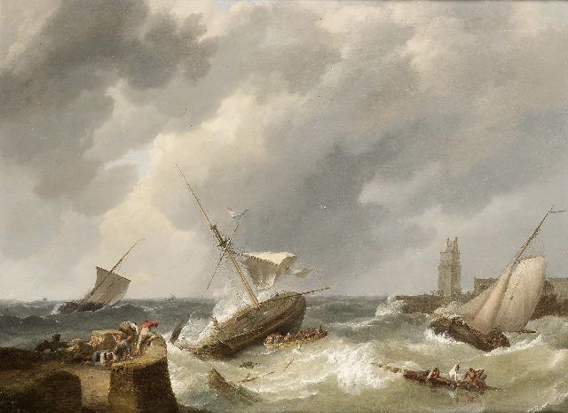 Johannes Hermanus Koekkoek | Dutch barges caught in a squall, Öl auf Leinwand auf Holz, 63,5 x 85,0 cm, signed l.l. und dated 1838