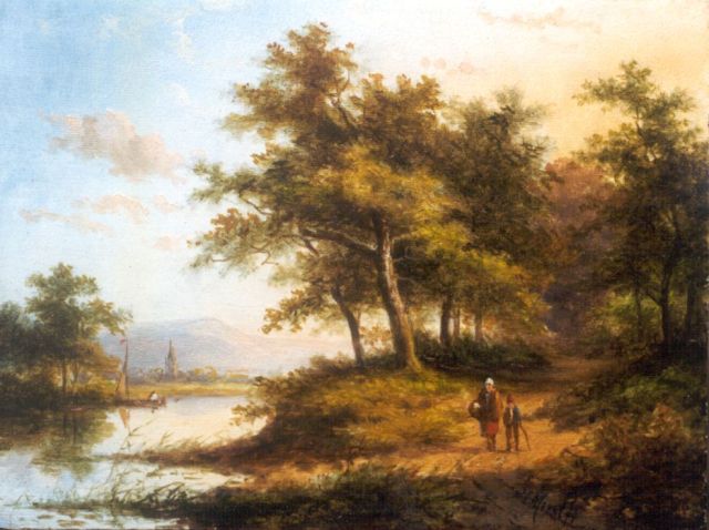 Jan Evert Morel II | Travellers on a path in a wooded landscape, Öl auf Holz, 15,6 x 20,7 cm, signed l.r.