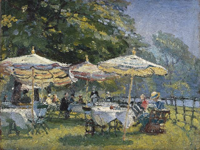 Evert Moll | Afternoon tea on a terrace, Öl auf Malereifaser, 26,6 x 35,3 cm