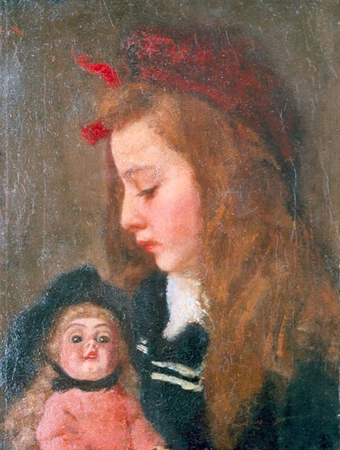 Marie Wandscheer | Henriëtte Thueré mit Puppe, Öl auf Leinwand, 41,4 x 31,5 cm, Unterzeichnet o.l.(Teil einer Signatur)