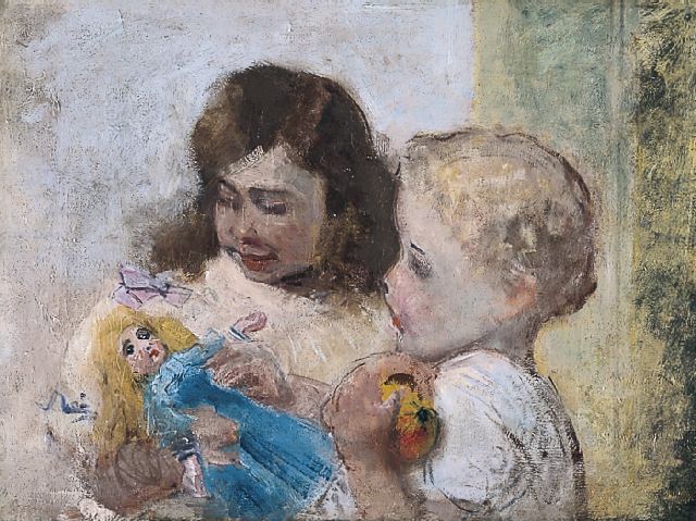Paul Rink | Children with a doll, Öl auf Leinwand, 49,5 x 65,0 cm, signed on the reverse