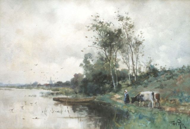 Willem Rip | A cowherd on a path along the water near Bergschenhoek, Aquarell auf Papier, 23,8 x 34,5 cm, signed l.r.