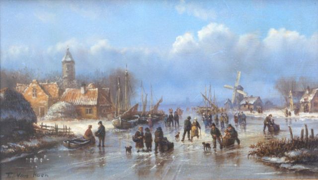 T. van Haen | A winter landscape with skaters on the ice, Öl auf Holz, 16,0 x 26,9 cm, signed l.l.