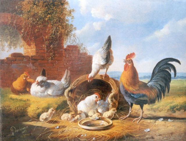 Albertus Verhoesen | Poultry in a classical landscape, Öl auf Holz, 18,6 x 24,1 cm, signed l.l. und dated 1876