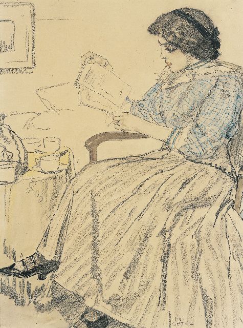 Leo Gestel | An elegant lady reading, Kreide und Aquarell auf Papier, 36,0 x 27,3 cm, signed l.r.