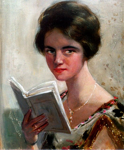 Simon Maris | A portrait of an elegant lady reading, Öl auf Leinwand Malereifaser, 24,0 x 20,1 cm, signed l.l. und executed 3/2/26