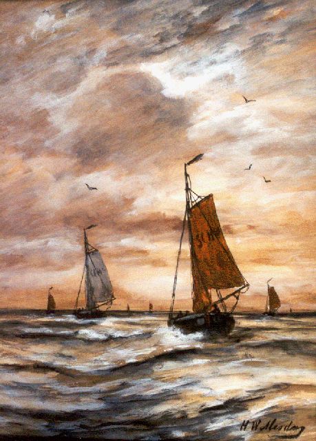 Hendrik Willem Mesdag | 'Bomschuiten' in the surf at dusk, Aquarell auf Papier, 40,2 x 27,7 cm, signed l.r.
