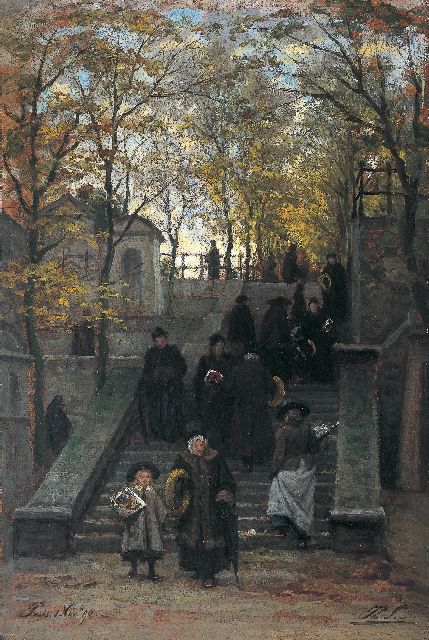Sadée P.L.J.F.  | Strollers on the 'Cimetière de Montmartre', Paris, Papier auf Holz 51,0 x 34,4 cm, signed l.r. with initials und executed on Nov. 1st '90