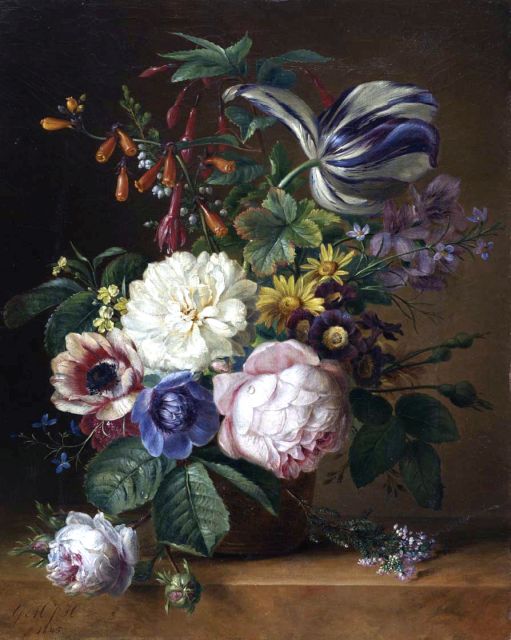 Geertruida Margaretha Jacoba Huidekoper | A still life of roses, tulips and anemones, Öl auf Leinwand, 37,5 x 30,5 cm, signed l.l. with initials und dated 1845
