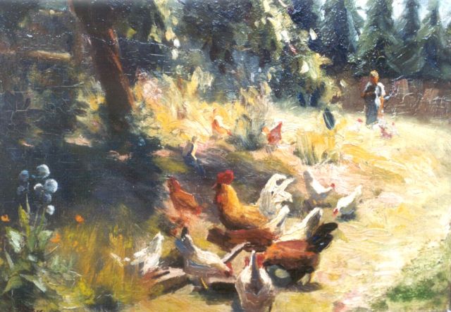 Evert Pieters | Chickens in an orchard, Öl auf Holzfaser, 26,7 x 35,3 cm, signed l.l.