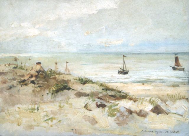 Gustave Bettinger | A boy in the dunes, Scheveningen, Öl auf Malerpappe, 23,9 x 32,7 cm, dated 'Scheveningen 15.Sept '81'