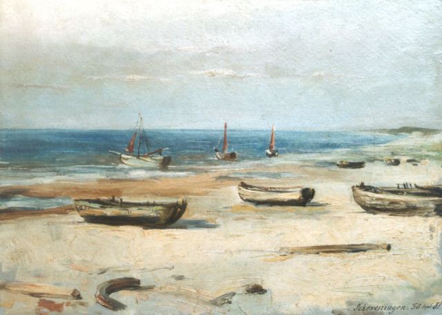 Bettinger G.P.M.  | 'Bomschuiten' on the beach of Scheveningen, Öl auf Malerpappe 23,8 x 32,7 cm, Dated 'Scheveningen 30 sept '81'.