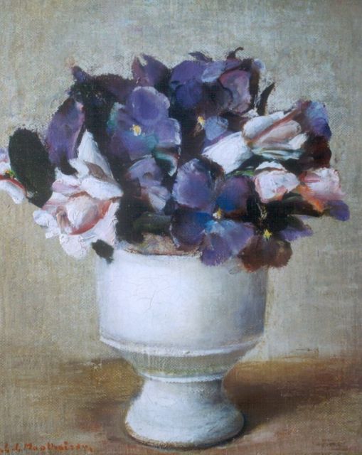 Moolhuizen J.J.  | A still life with violets and roses, Öl auf Leinwand auf Holz 29,0 x 23,6 cm, signed l.l.