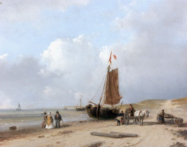 Petrus Marius Brouwer | Unloading the catch on the beach, Öl auf Holz, 16,7 x 20,6 cm, signed l.l.