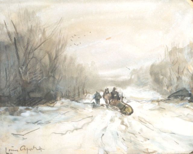 Louis Apol | A 'Mallejan' in winter, Schwarze Kreide, Aquarell und Gouache auf Papier, 10,9 x 13,8 cm, signed l.l.