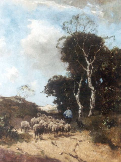 Johan Frederik Cornelis Scherrewitz | Shepherd hearding his sheep on the heath, Öl auf Leinwand, 65,5 x 50,8 cm, signed l.l.