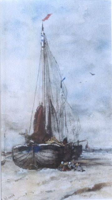 Jacob Maris | 'Bomschuiten' on the beach, Aquarell auf Papier, 39,0 x 22,0 cm, signed l.l.