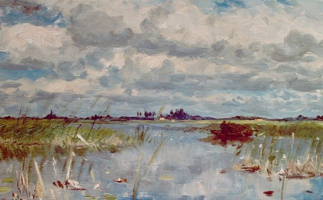 Willem Roelofs | An extensive lake landscape near Noorden, Öl auf Leinwand auf Holz, 28,3 x 45,1 cm, signed l.l.