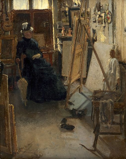 Hendrik Luyten | Innenraum mit Dame vor einer Staffelei, Öl auf Holz, 40,2 x 32,1 cm, Unterzeichnet l.u. und datiert '84