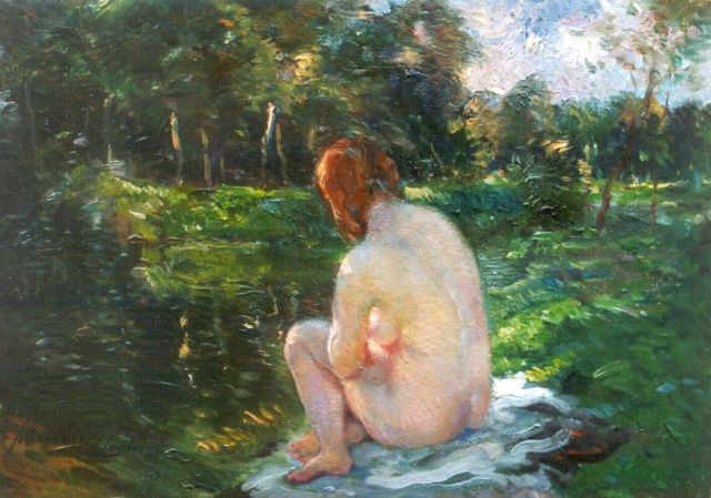 Jan Schreuder van de Coolwijk | A seated nude in a landscape, Öl auf Holz, 18,3 x 25,4 cm, signed l.l.