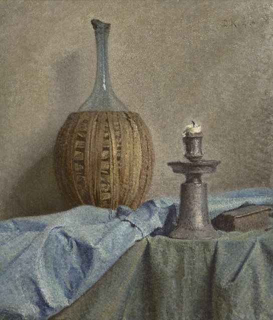 Douwe Komter | Stilleben mit Chiantiflasche und Zinnleuchter, Öl auf Malereifaser, 53,9 x 45,9 cm, Unterzeichnet r.o. mit Initialen und datiert '40