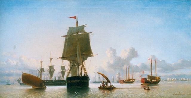Jacob Eduard van Heemskerck van Beest | Sailing Vessels in a Calm, Batavia, Öl auf Leinwand, 56,3 x 107,8 cm, signed l.r.