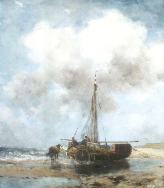 Scherrewitz J.F.C.  | A 'Bomschuit' on the beach of Katwijk, Öl auf Leinwand 66,0 x 56,0 cm, signed l.r.